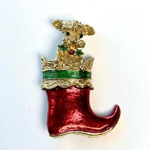 Gerry’s Christmas Puppy in Stocking Vintage Pin Poodle in Red Boot Book Piece